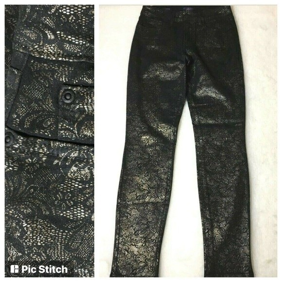 Nydj Womens Alina Leggings Black Gold Floral Metallic Stretch Pockets Mid 2 New